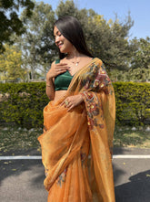 White Pearl Work Pure Organza Honey Orange Saree